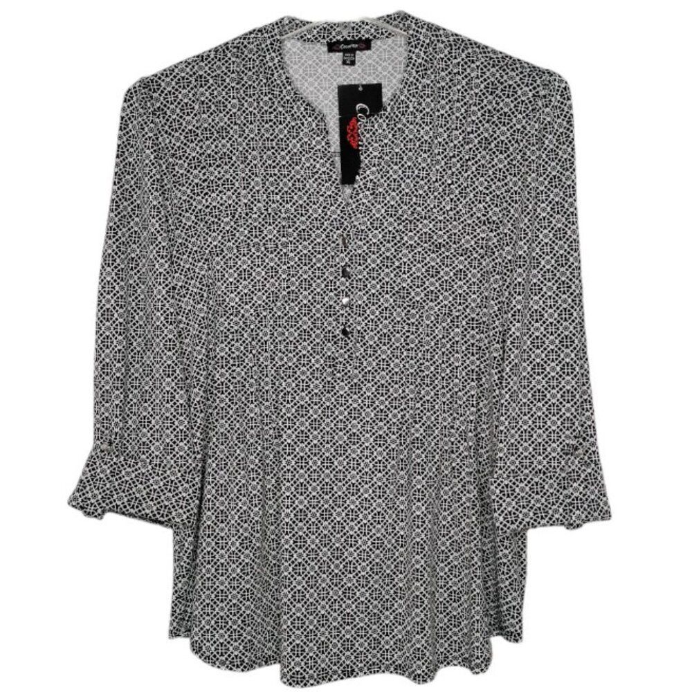 Cocomo Women's Size XL Black & Light Blue Hints Geo Print Pintuck 3/4 Sleeve Top